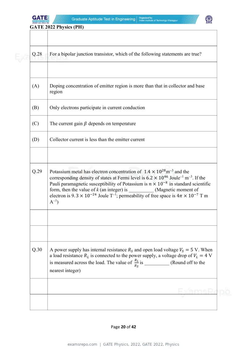GATE Physics 2022 question paper, GATE 2022, Physics, page 20 of 44