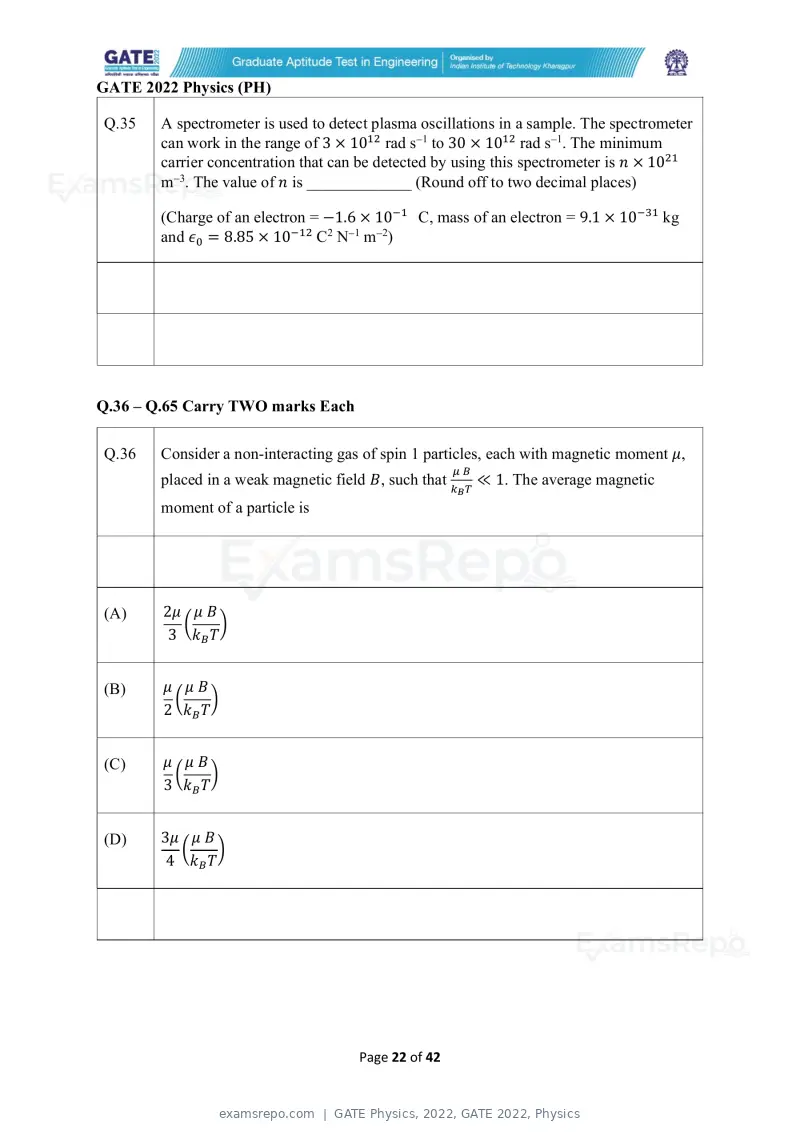 GATE Physics 2022 question paper, GATE 2022, Physics, page 22 of 44
