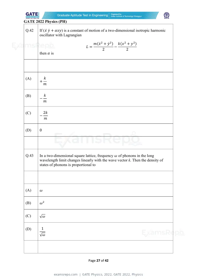 GATE Physics 2022 question paper, GATE 2022, Physics, page 27 of 44