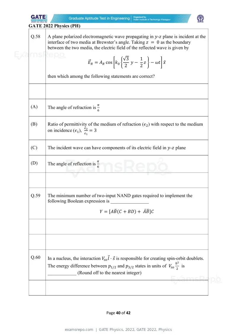 GATE Physics 2022 question paper, GATE 2022, Physics, page 40 of 44