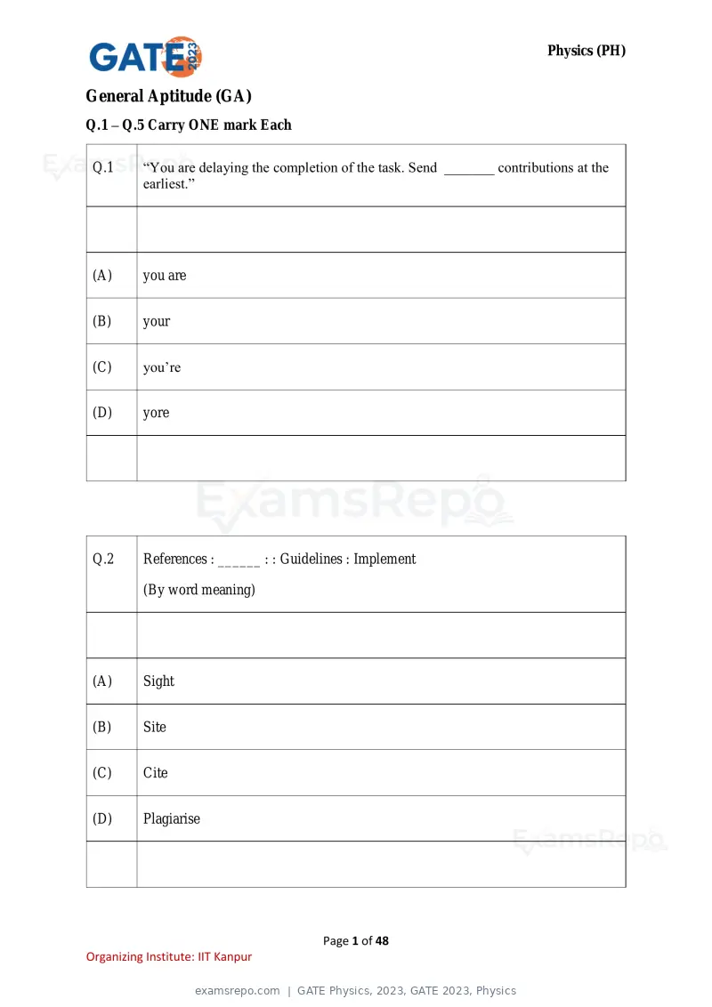GATE Physics 2023 question paper, GATE 2023, Physics, page 1 of 48