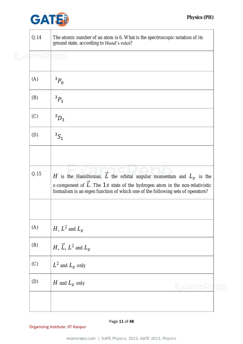 GATE Physics 2023 question paper, GATE 2023, Physics, page 11 of 48