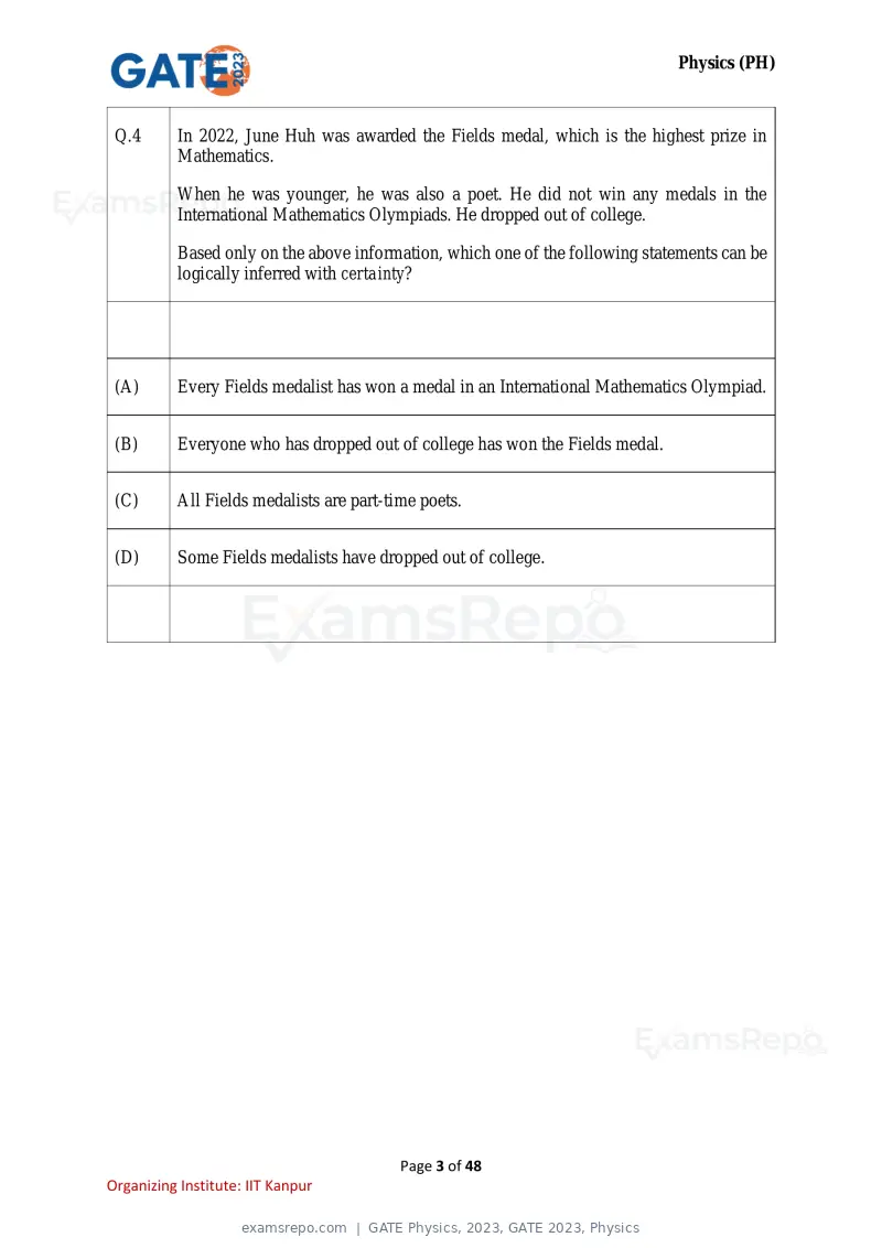 GATE Physics 2023 question paper, GATE 2023, Physics, page 3 of 48
