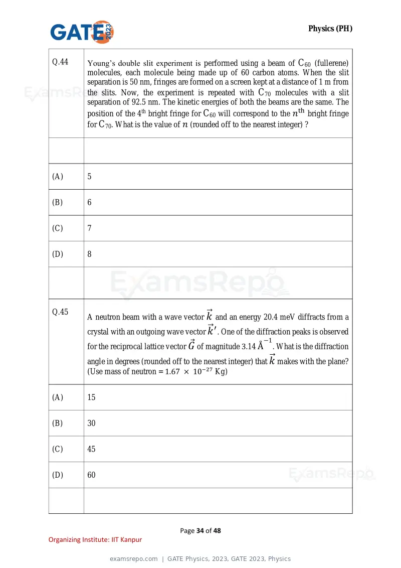 GATE Physics 2023 question paper, GATE 2023, Physics, page 34 of 48