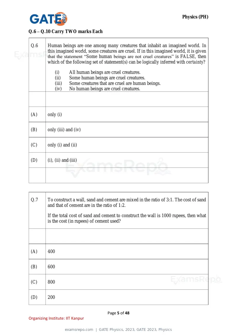 GATE Physics 2023 question paper, GATE 2023, Physics, page 5 of 48