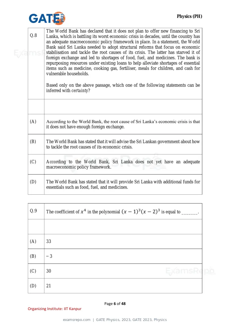GATE Physics 2023 question paper, GATE 2023, Physics, page 6 of 48