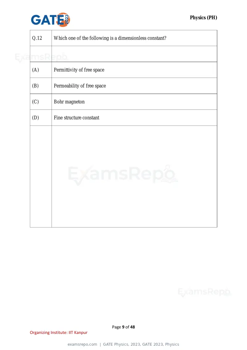 GATE Physics 2023 question paper, GATE 2023, Physics, page 9 of 48