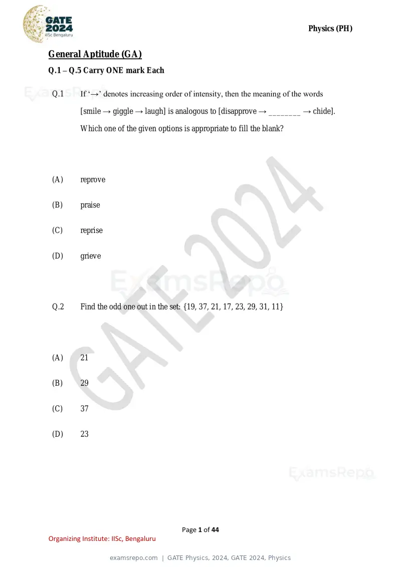 GATE Physics 2024 question paper, GATE 2024, Physics, page 1 of 44