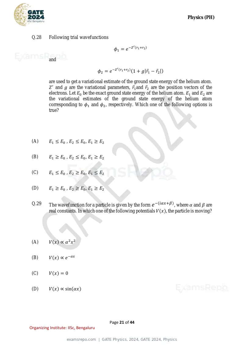 GATE Physics 2024 question paper, GATE 2024, Physics, page 21 of 44