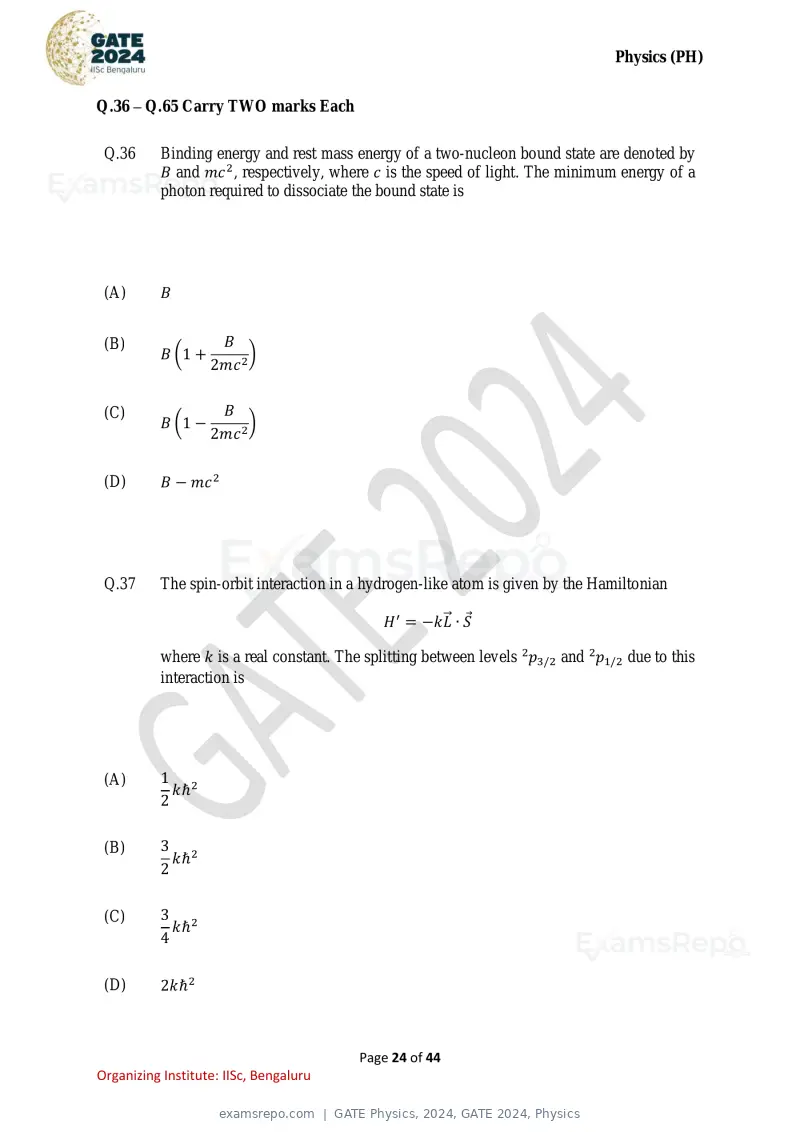 GATE Physics 2024 question paper, GATE 2024, Physics, page 24 of 44