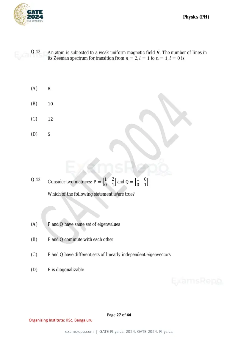 GATE Physics 2024 question paper, GATE 2024, Physics, page 27 of 44