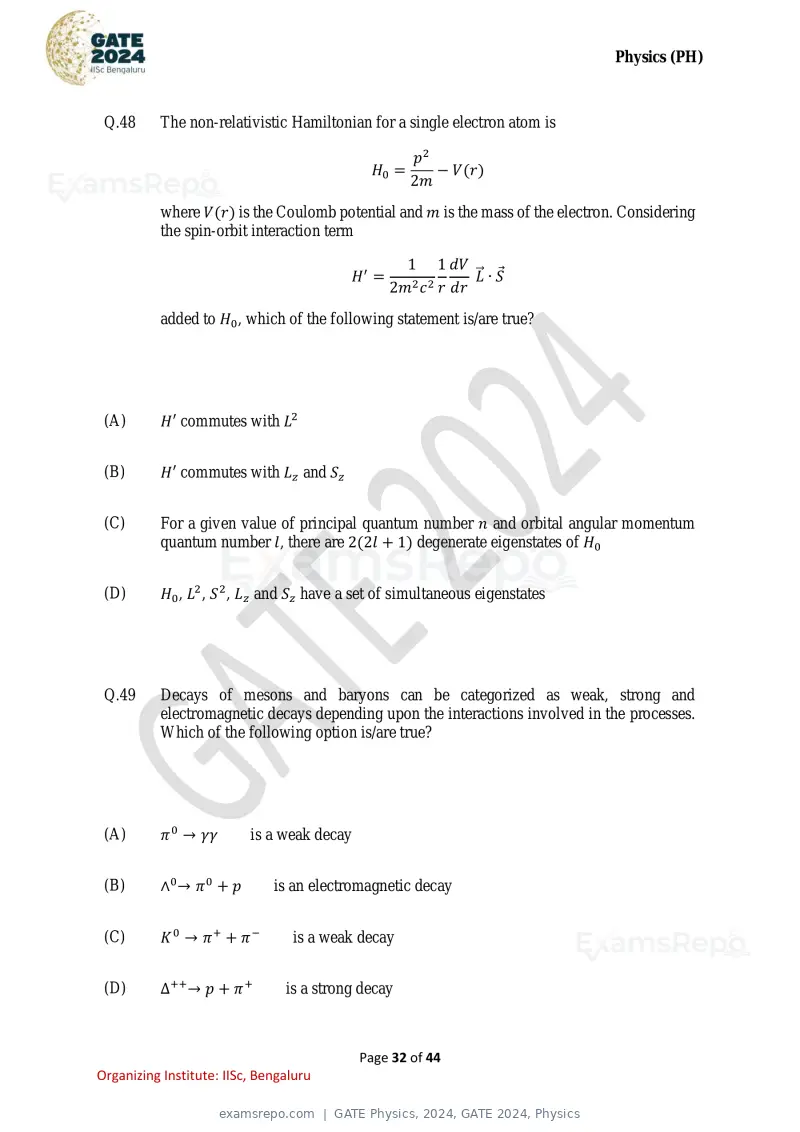 GATE Physics 2024 question paper, GATE 2024, Physics, page 32 of 44