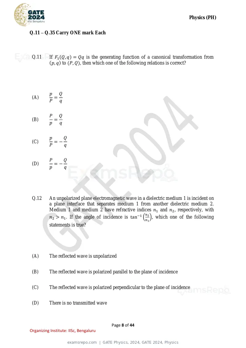 GATE Physics 2024 question paper, GATE 2024, Physics, page 8 of 44