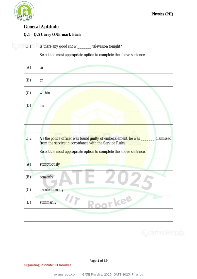 GATE Physics 2025 question paper, GATE 2025, Physics, page 1 of 39
