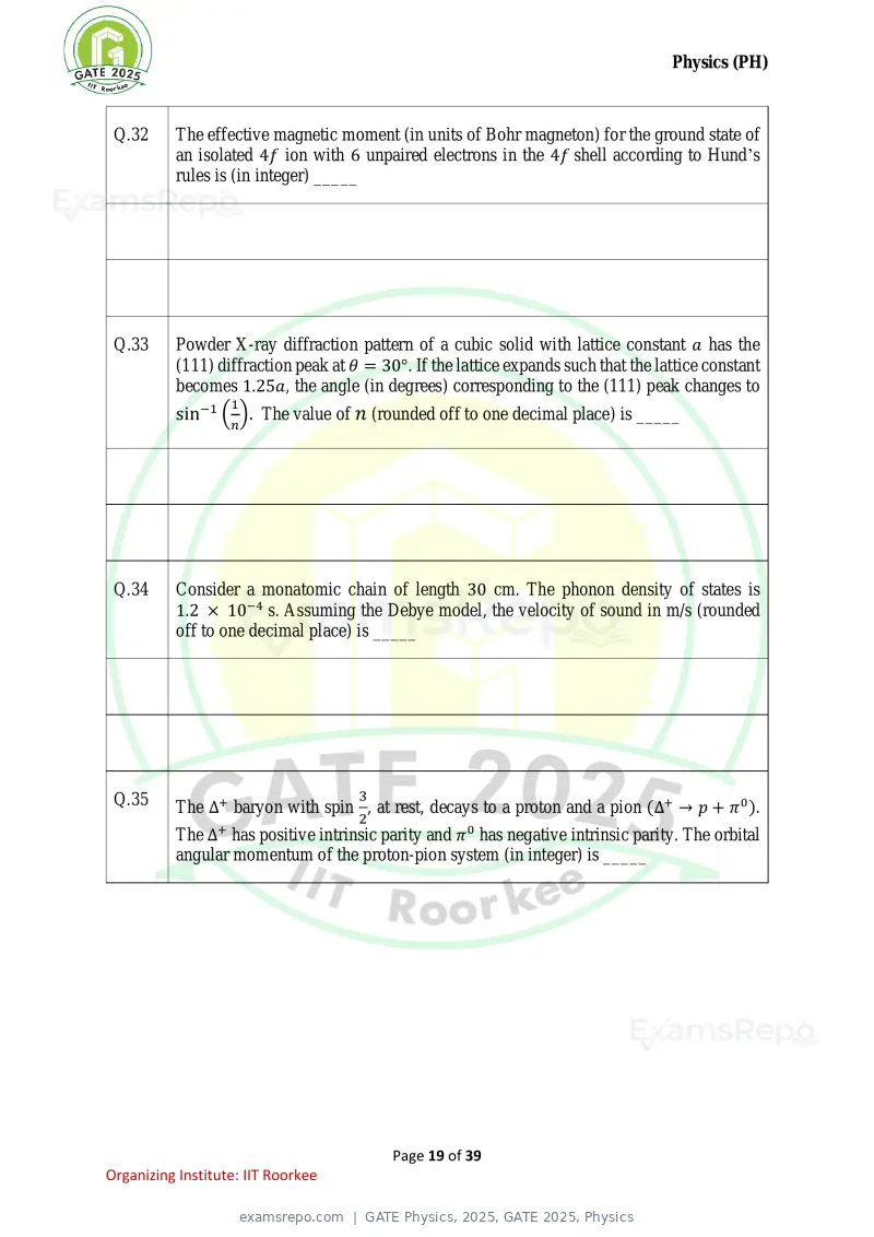 GATE Physics 2025 question paper, GATE 2025, Physics, page 19 of 39