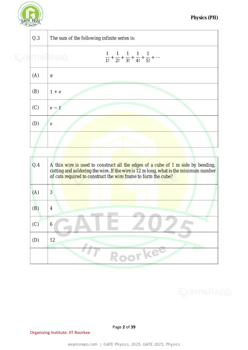 GATE Physics 2025 question paper, GATE 2025, Physics, page 2 of 39