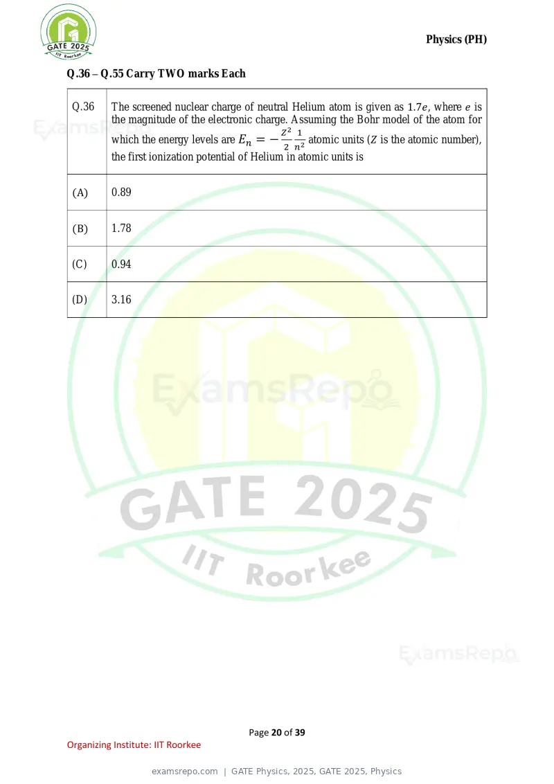 GATE Physics 2025 question paper, GATE 2025, Physics, page 20 of 39