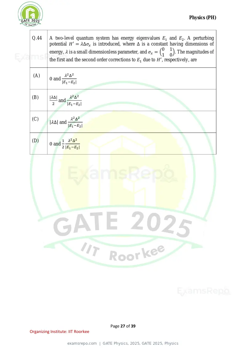 GATE Physics 2025 question paper, GATE 2025, Physics, page 27 of 39