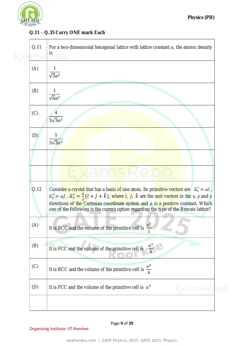 GATE Physics 2025 question paper, GATE 2025, Physics, page 9 of 39