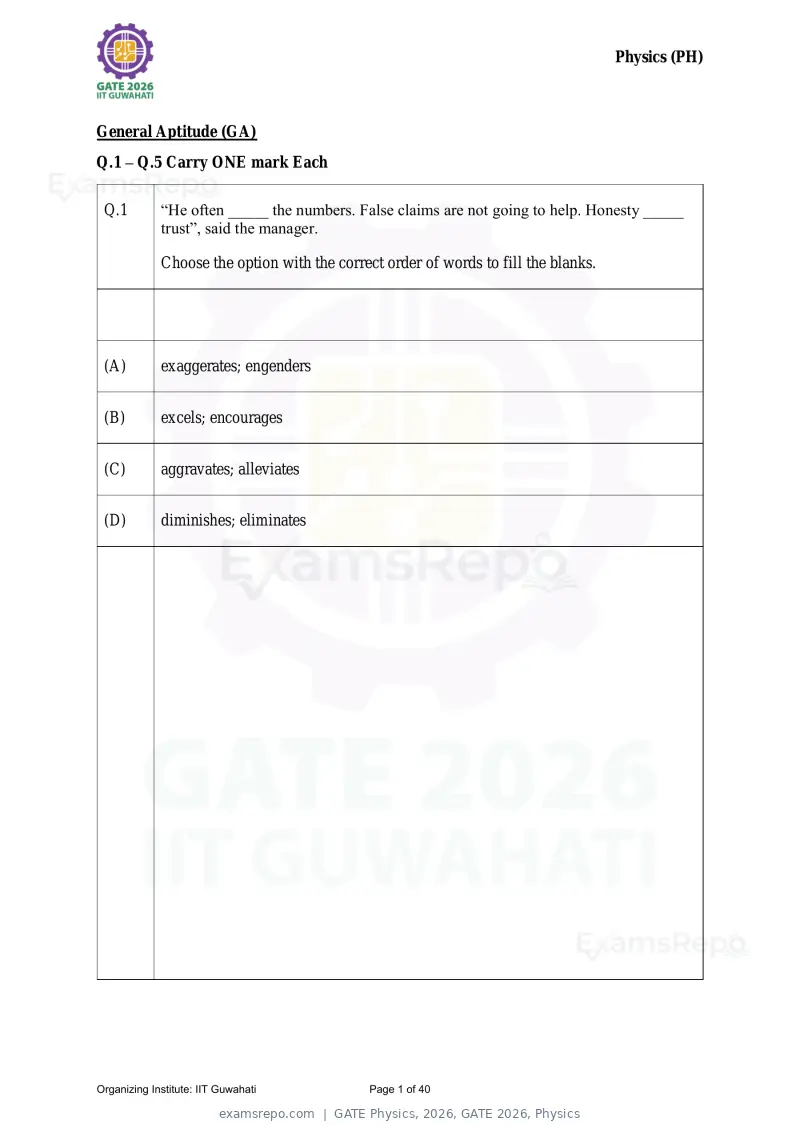 GATE Physics 2026 question paper, GATE 2026, Physics, page 1 of 40