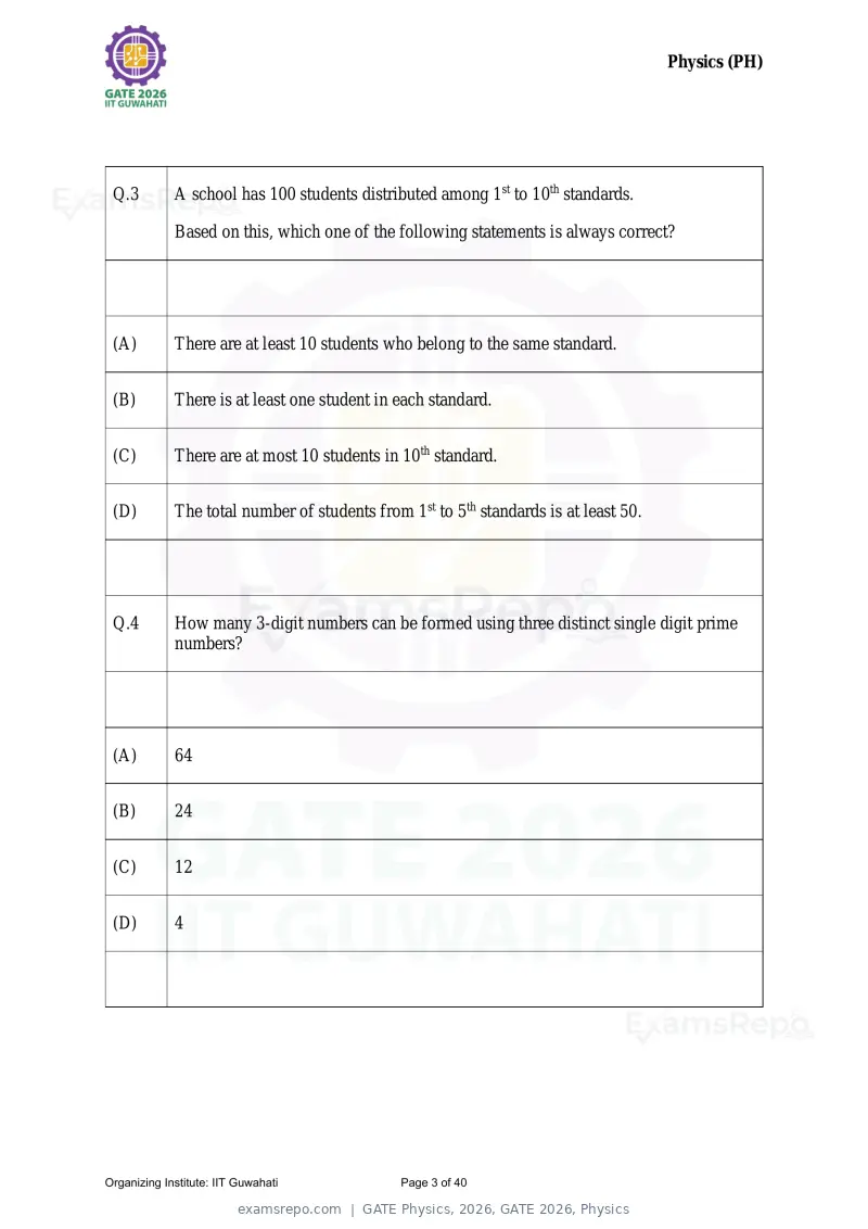GATE Physics 2026 question paper, GATE 2026, Physics, page 3 of 40