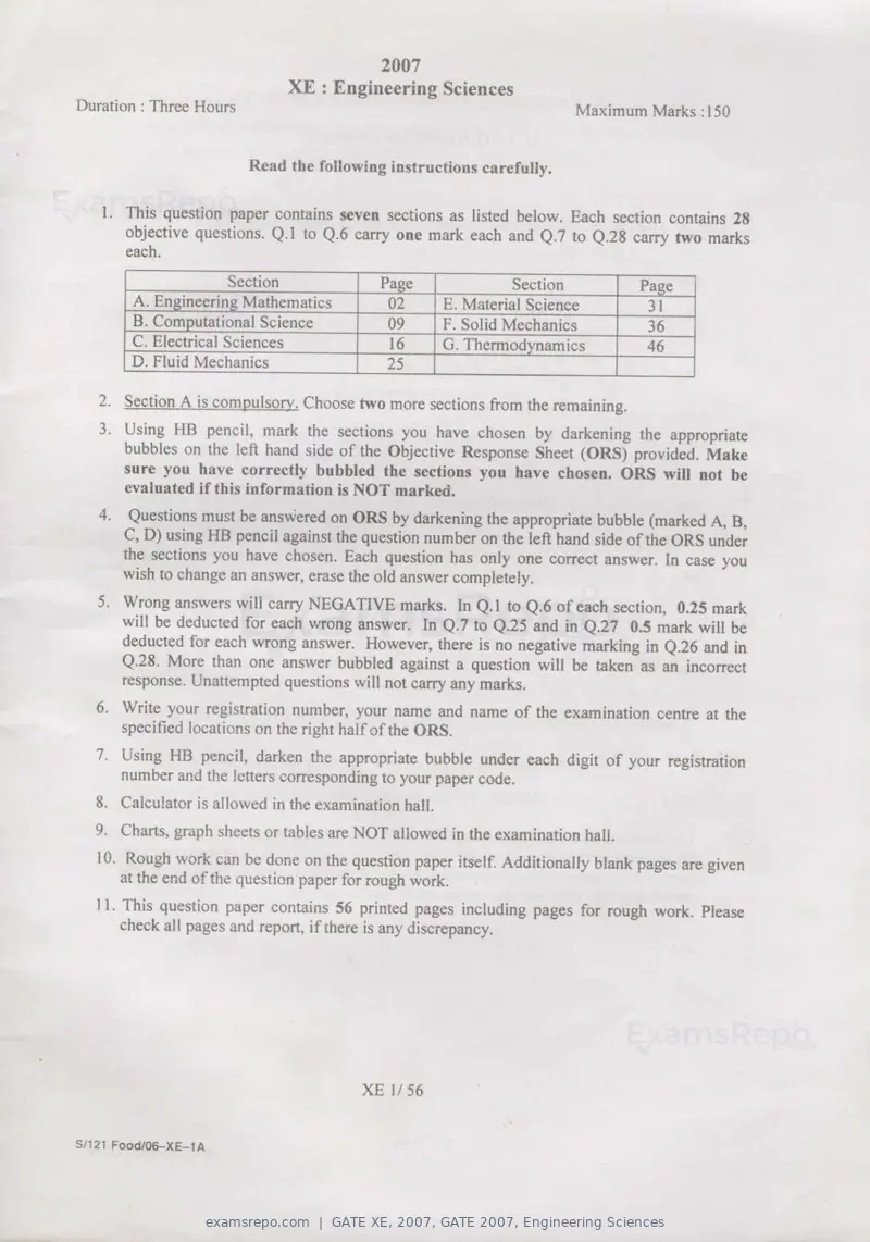 GATE XE 2007 question paper, GATE 2007, Engineering Sciences, page 1 of 50