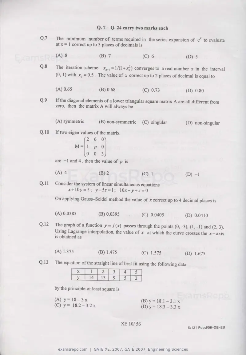 GATE XE 2007 question paper, GATE 2007, Engineering Sciences, page 10 of 50