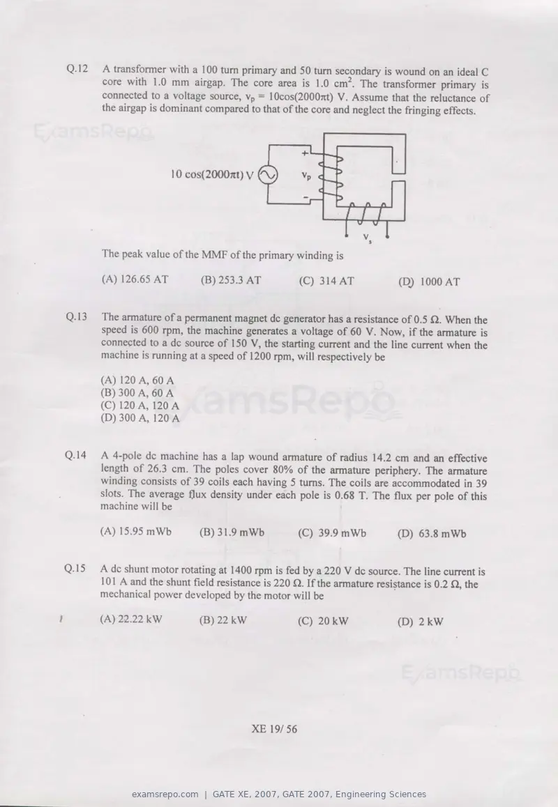 GATE XE 2007 question paper, GATE 2007, Engineering Sciences, page 19 of 50