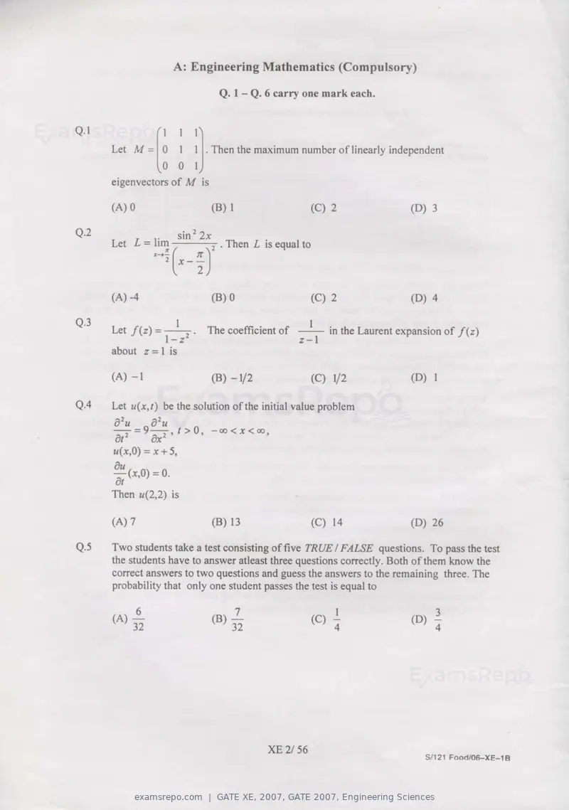GATE XE 2007 question paper, GATE 2007, Engineering Sciences, page 2 of 50