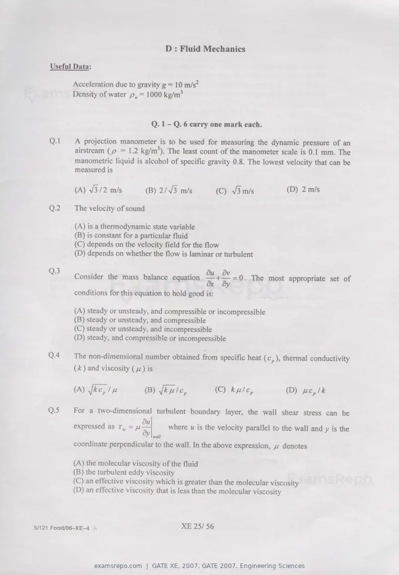 GATE XE 2007 question paper, GATE 2007, Engineering Sciences, page 25 of 50