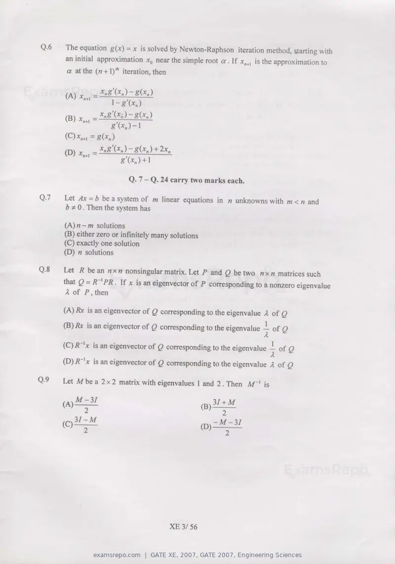 GATE XE 2007 question paper, GATE 2007, Engineering Sciences, page 3 of 50