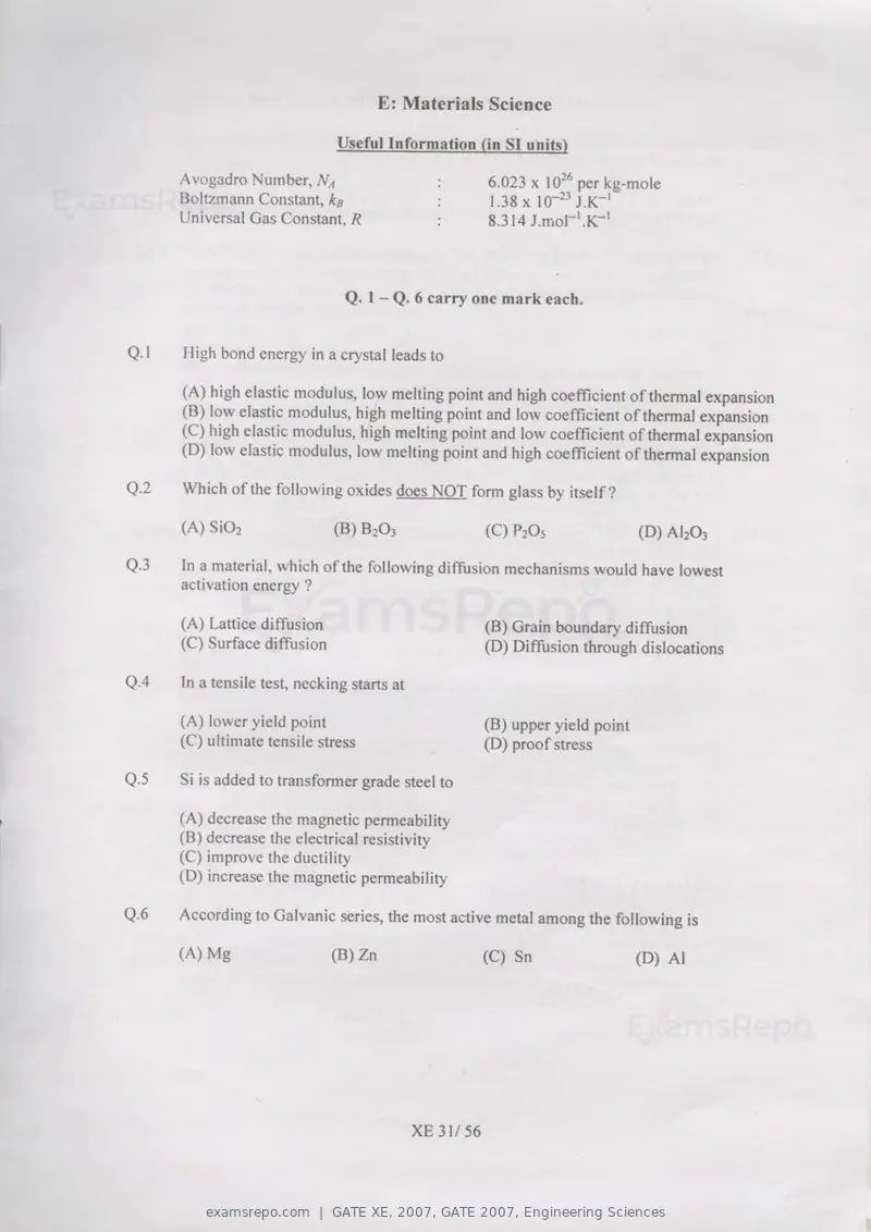 GATE XE 2007 question paper, GATE 2007, Engineering Sciences, page 31 of 50