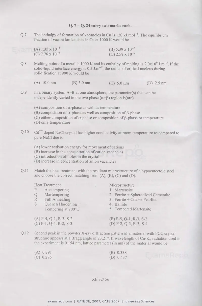 GATE XE 2007 question paper, GATE 2007, Engineering Sciences, page 32 of 50