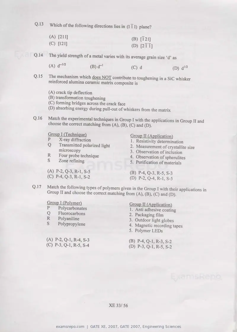 GATE XE 2007 question paper, GATE 2007, Engineering Sciences, page 33 of 50