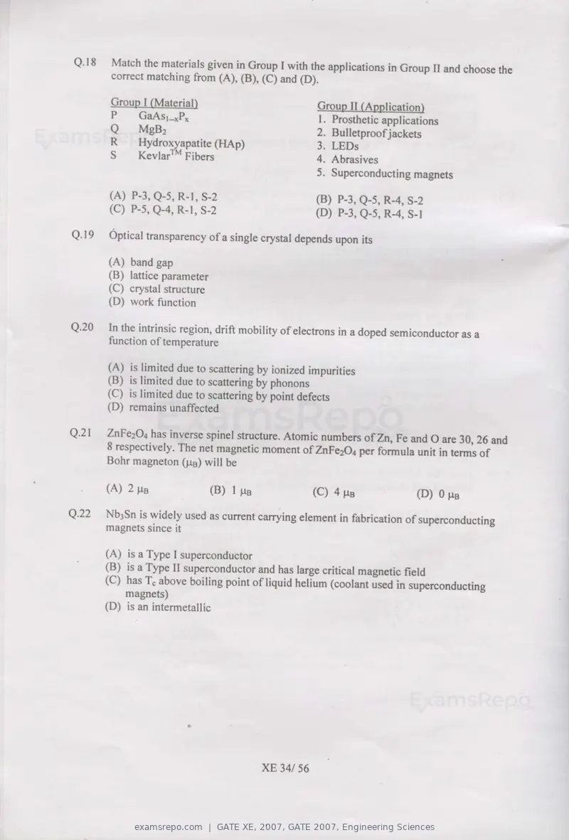 GATE XE 2007 question paper, GATE 2007, Engineering Sciences, page 34 of 50