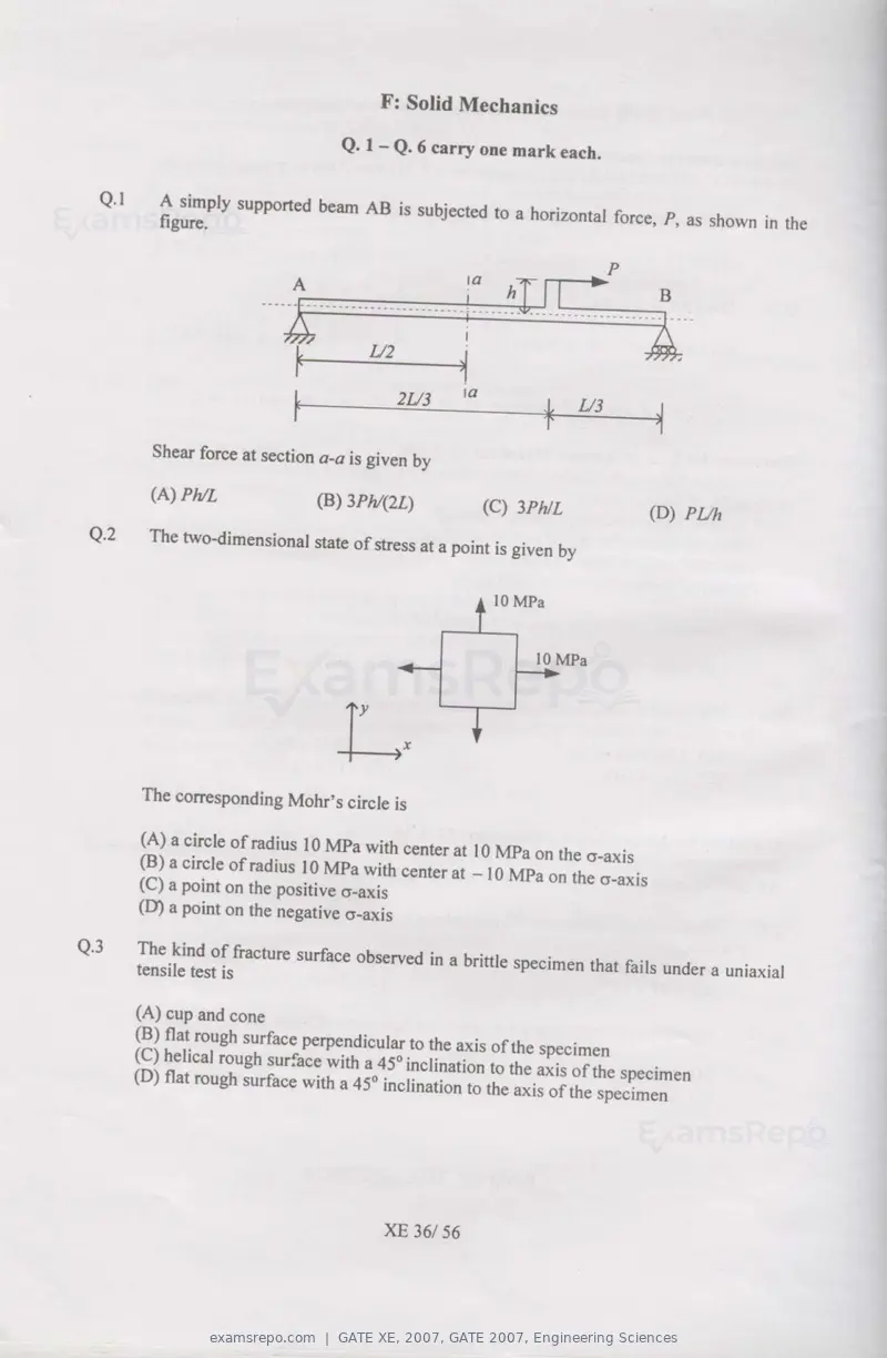 GATE XE 2007 question paper, GATE 2007, Engineering Sciences, page 36 of 50