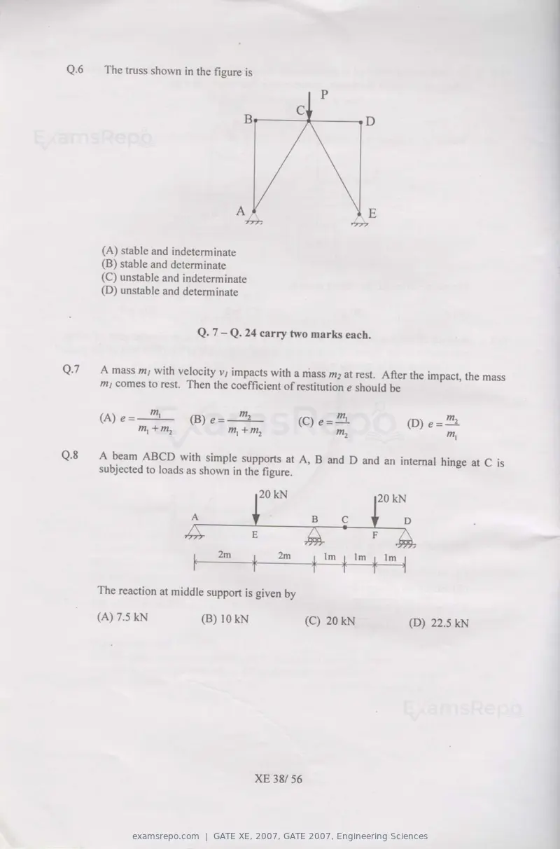 GATE XE 2007 question paper, GATE 2007, Engineering Sciences, page 38 of 50