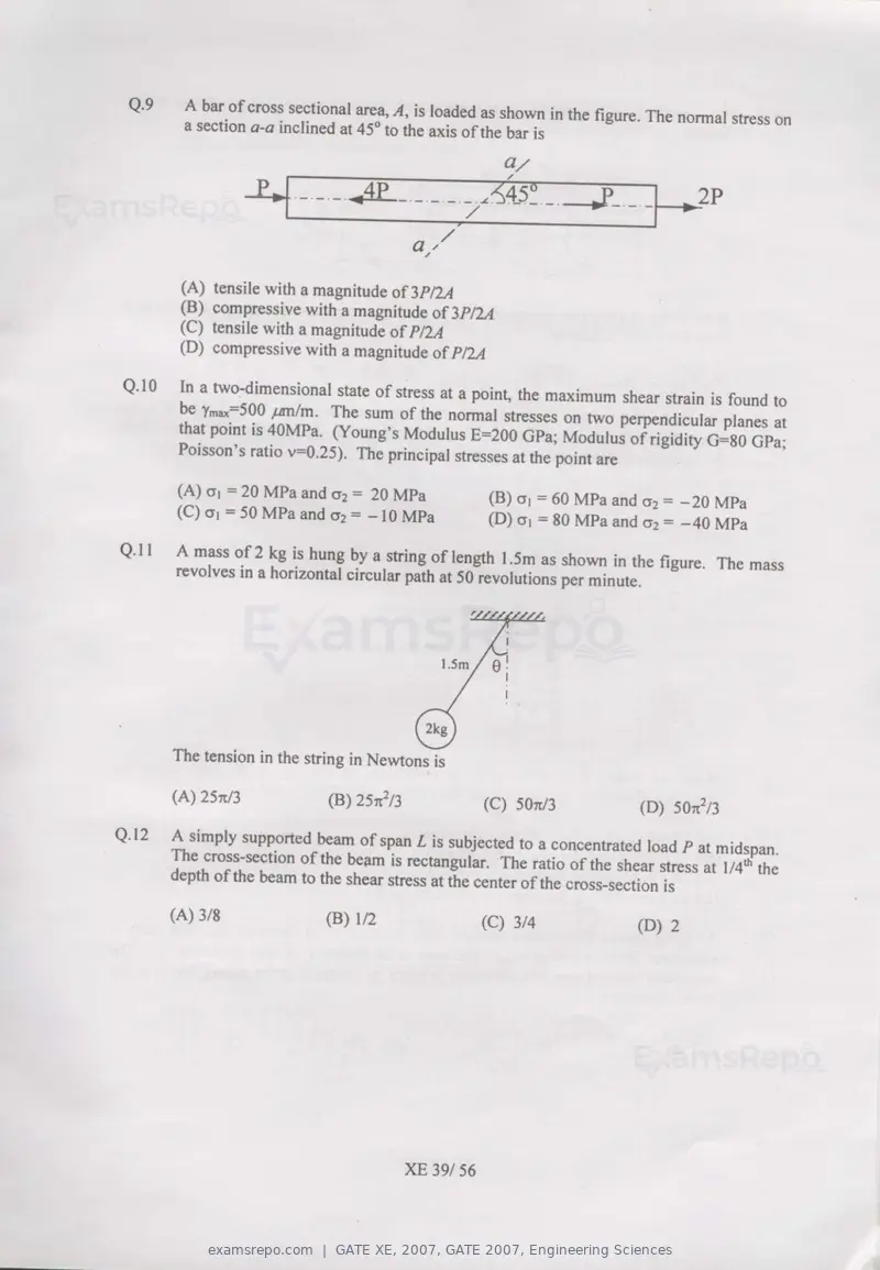 GATE XE 2007 question paper, GATE 2007, Engineering Sciences, page 39 of 50