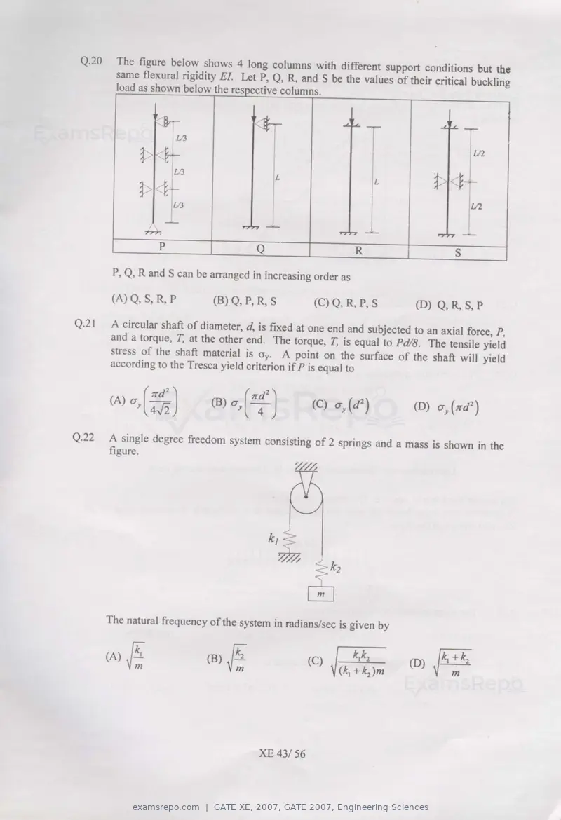 GATE XE 2007 question paper, GATE 2007, Engineering Sciences, page 43 of 50