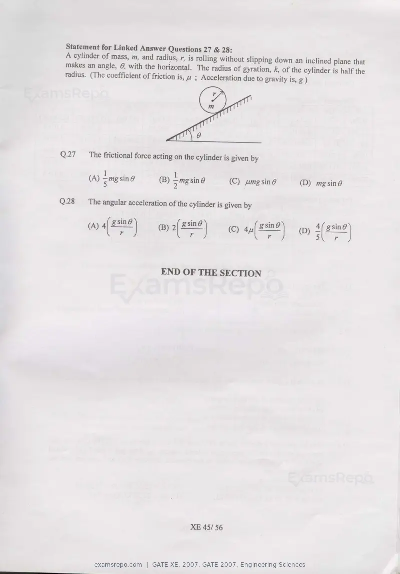 GATE XE 2007 question paper, GATE 2007, Engineering Sciences, page 45 of 50