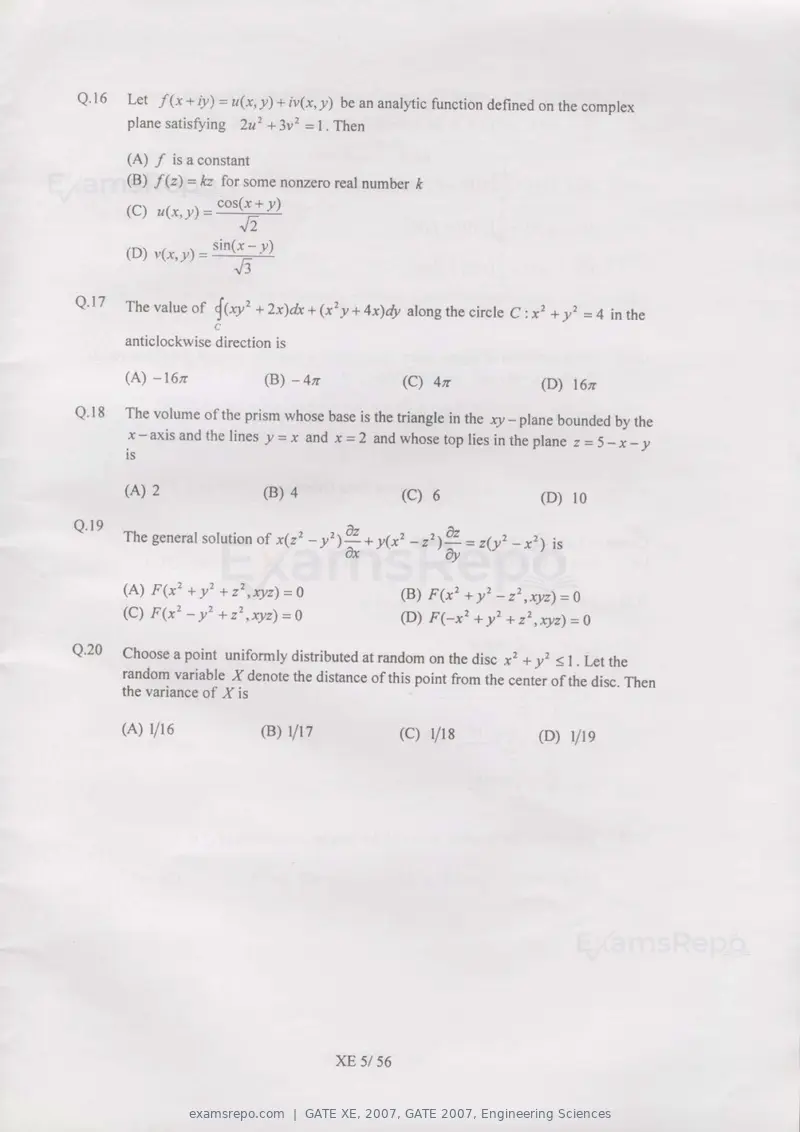 GATE XE 2007 question paper, GATE 2007, Engineering Sciences, page 5 of 50