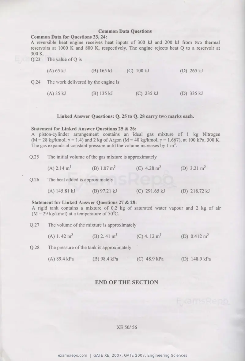 GATE XE 2007 question paper, GATE 2007, Engineering Sciences, page 50 of 50
