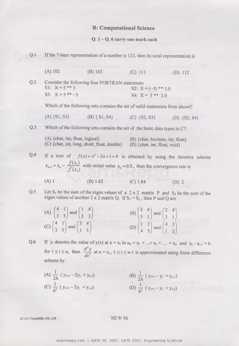 GATE XE 2007 question paper, GATE 2007, Engineering Sciences, page 9 of 50