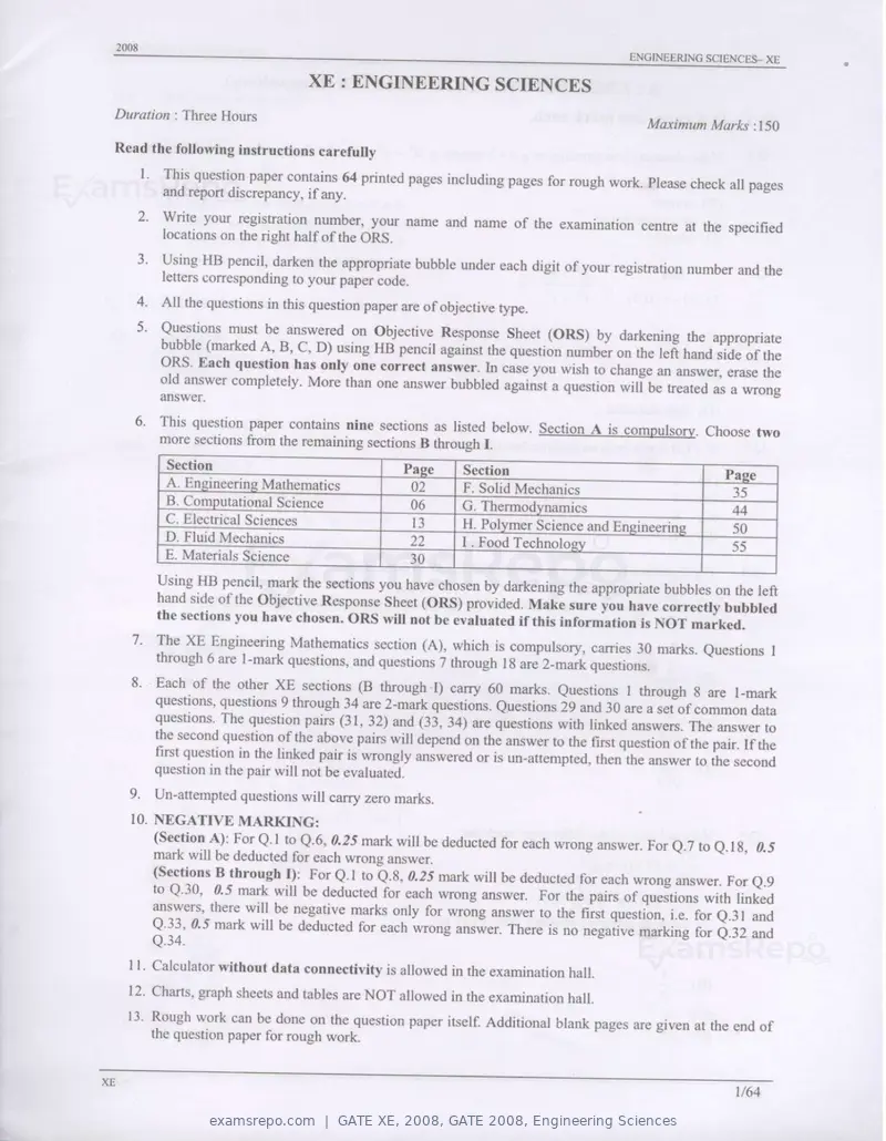 GATE XE 2008 question paper, GATE 2008, Engineering Sciences, page 1 of 60