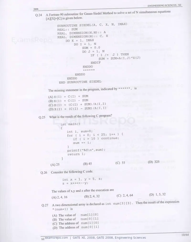 GATE XE 2008 question paper, GATE 2008, Engineering Sciences, page 10 of 60