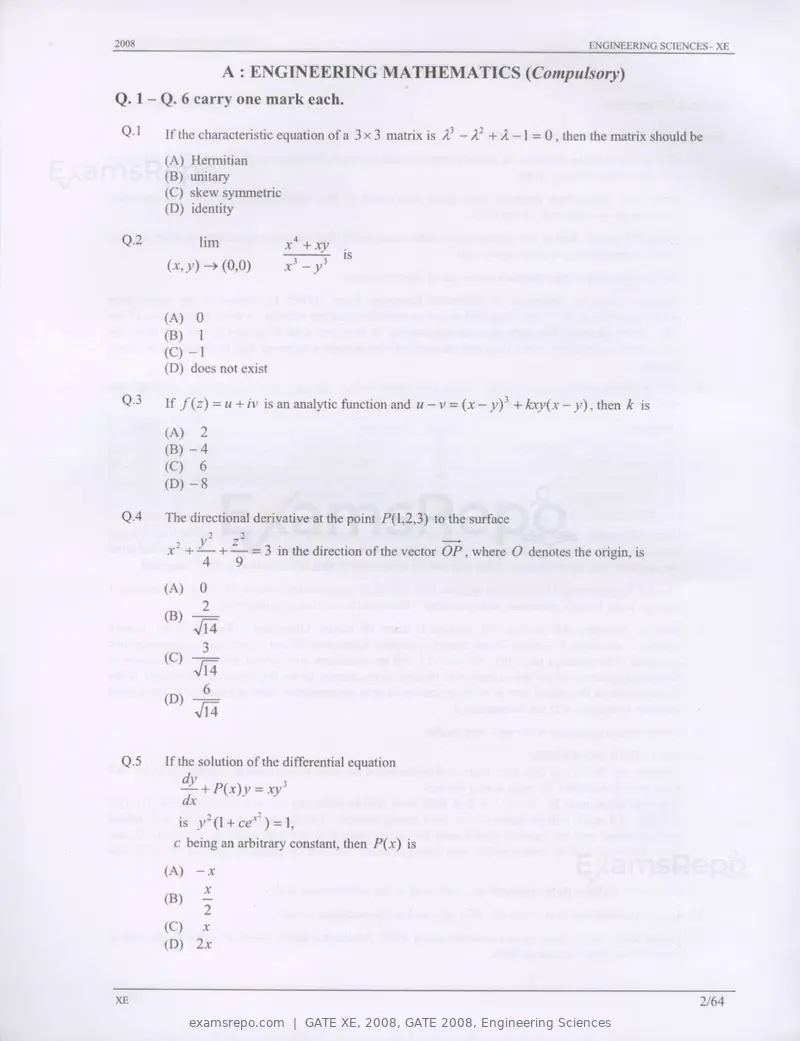 GATE XE 2008 question paper, GATE 2008, Engineering Sciences, page 2 of 60