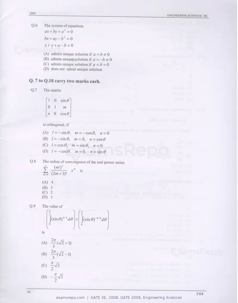 GATE XE 2008 question paper, GATE 2008, Engineering Sciences, page 3 of 60
