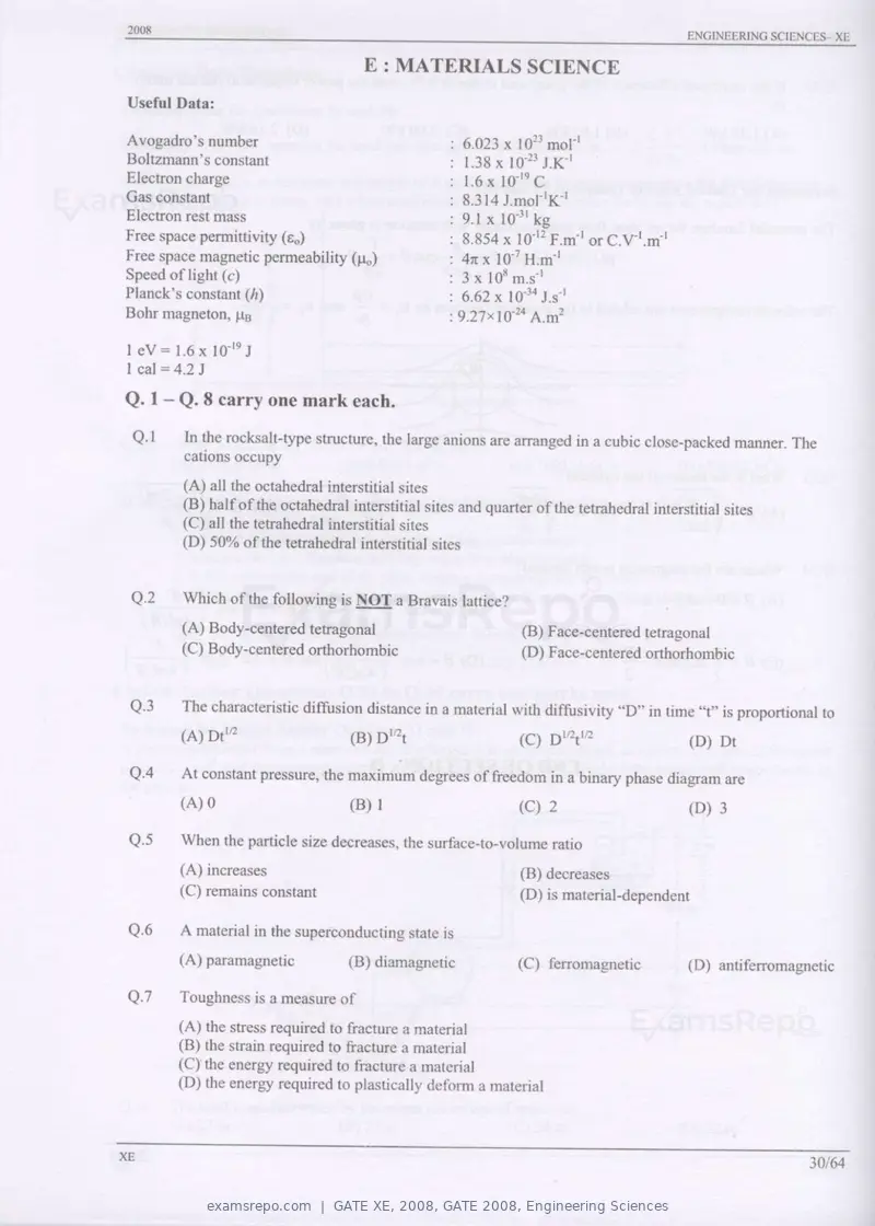 GATE XE 2008 question paper, GATE 2008, Engineering Sciences, page 30 of 60