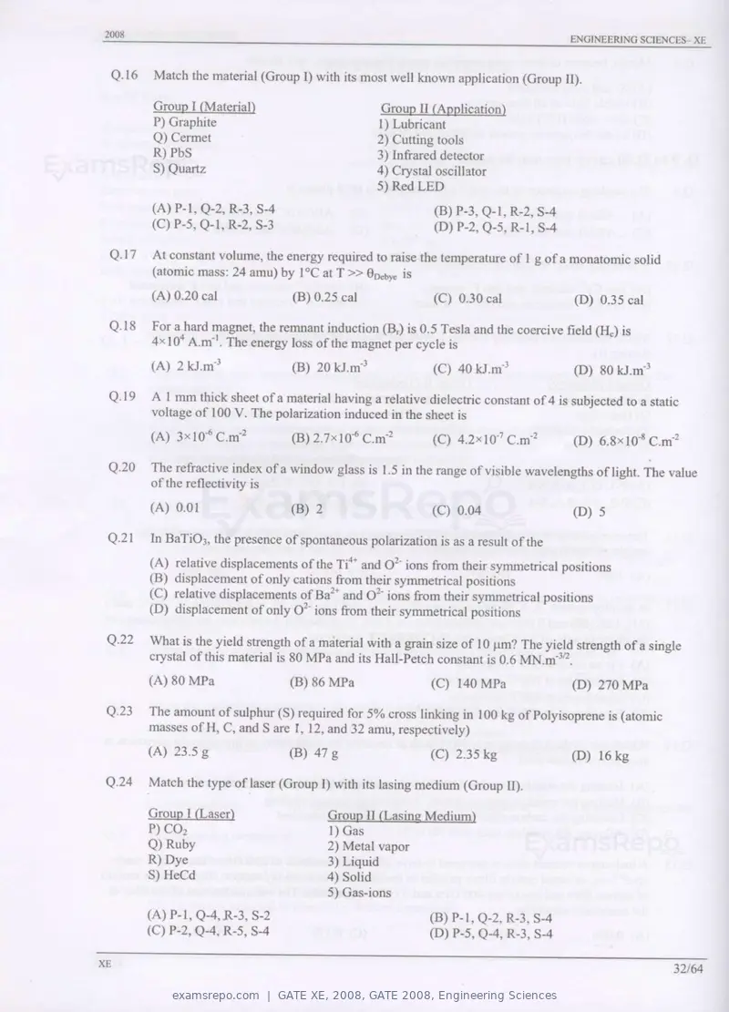 GATE XE 2008 question paper, GATE 2008, Engineering Sciences, page 32 of 60