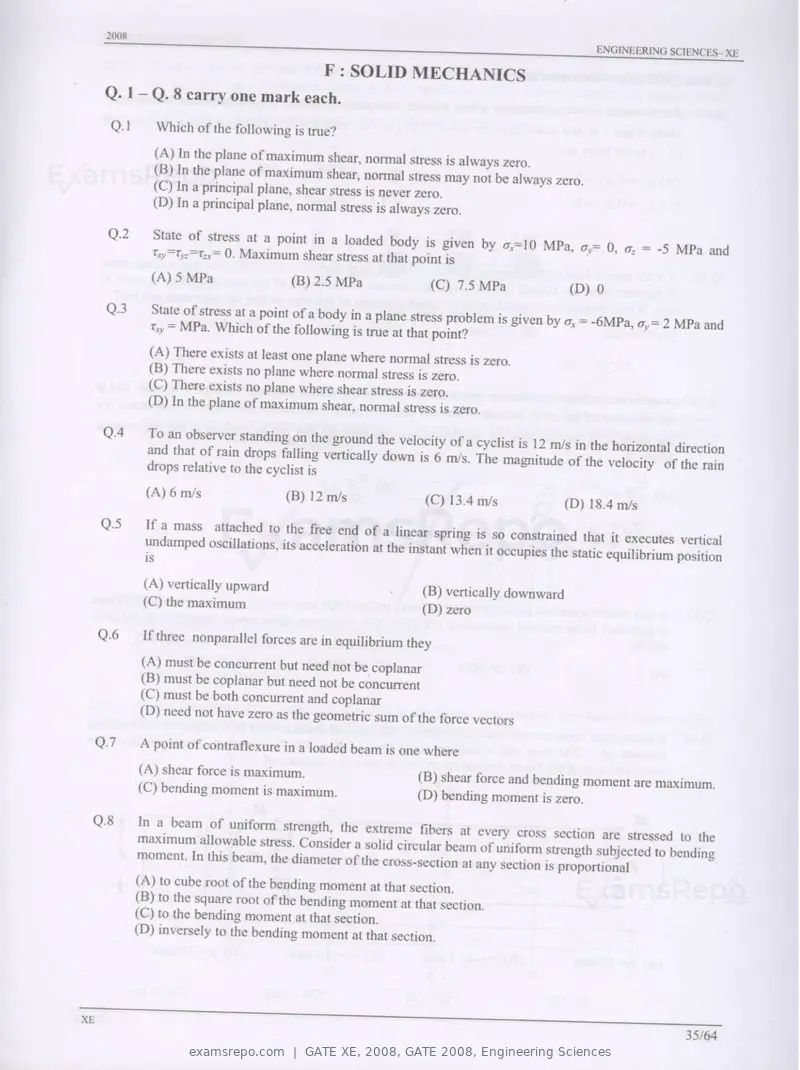 GATE XE 2008 question paper, GATE 2008, Engineering Sciences, page 35 of 60